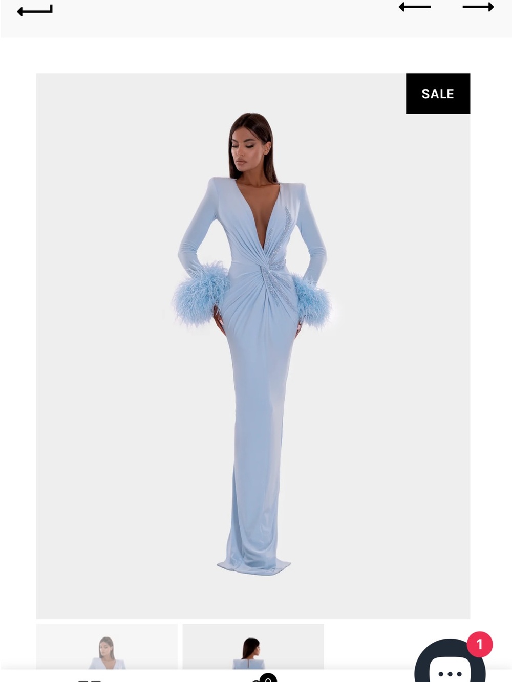 Plunging Light Blue Maxi Gown with Feather Cuffs
